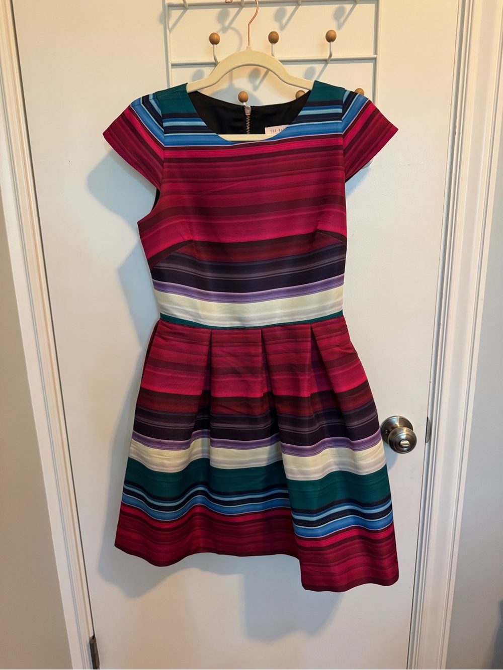 Ted Baker London Multi-Stripe Fit & Flare Dress in Pink, Teal & Purple